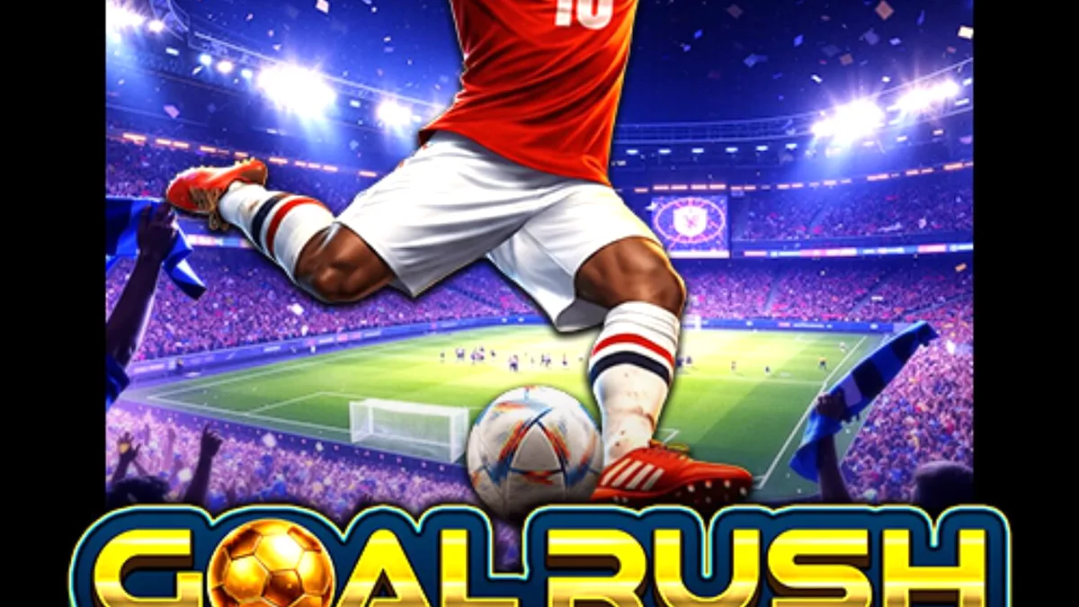 Tampilan visual slot Goal Rush Deluxe Hold and Win dengan tema stadion sepak bola.