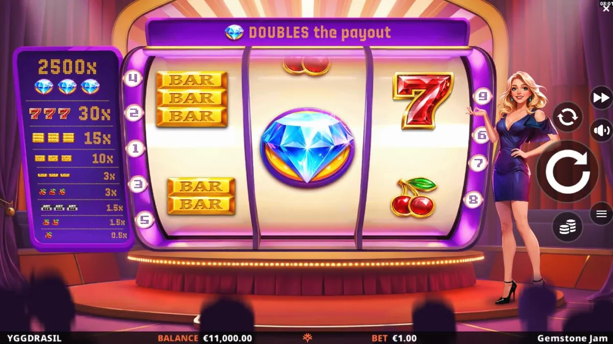 Tampilan visual slot Gemstone Jam dengan nuansa panggung kuis TV yang mewah dan simbol klasik.